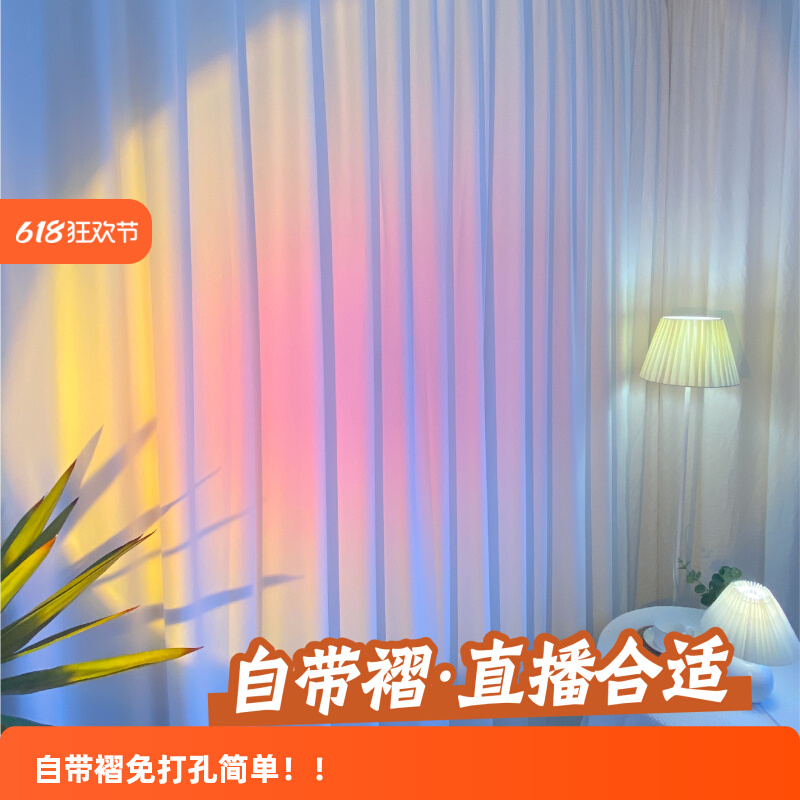 直播間窗簾女主播魔術貼白色紗簾場景布置背景簾白紗背景墻背景布